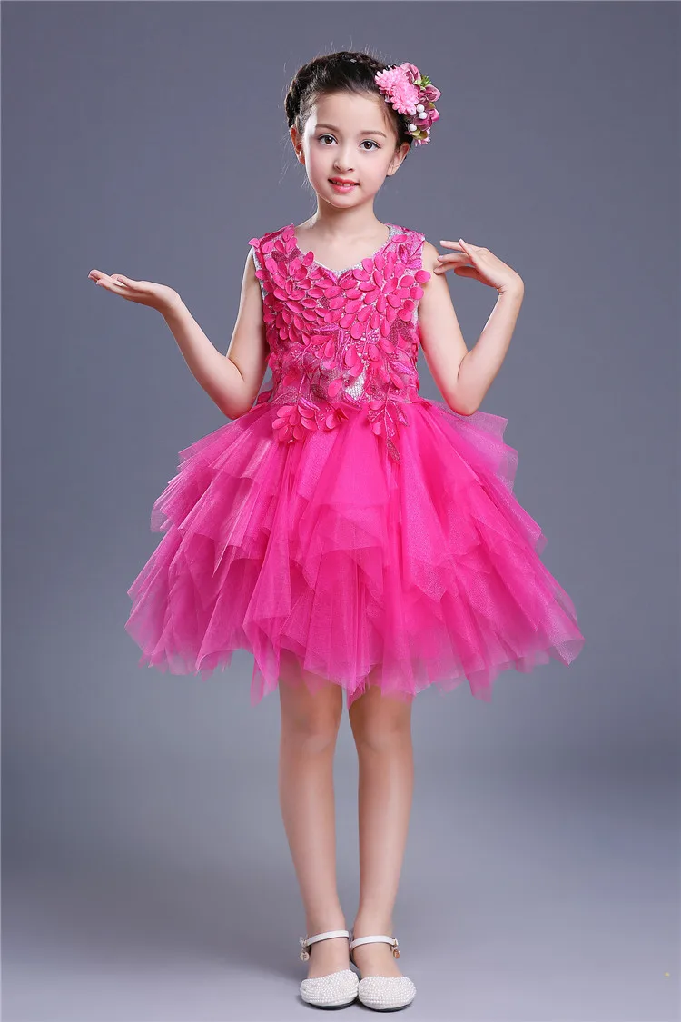 Детский костюм с аппликацией в виде листьев для концертных танцев, соревнований, детское шифоновое короткое платье синего, зеленого, желтого, ярко-розового цвета для девочек - Цвет: Родо