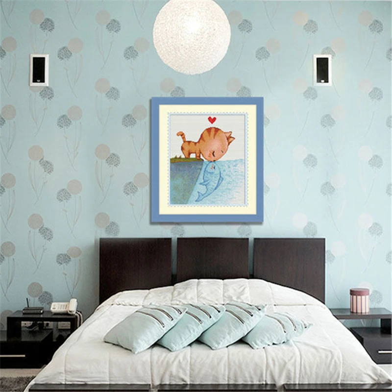 5D DIY Diamond Painting Cat Fall In Love With Fish Cartoon Animal Diamond Embroidery Full Package Rhinestone Mosaic Cross Stitch