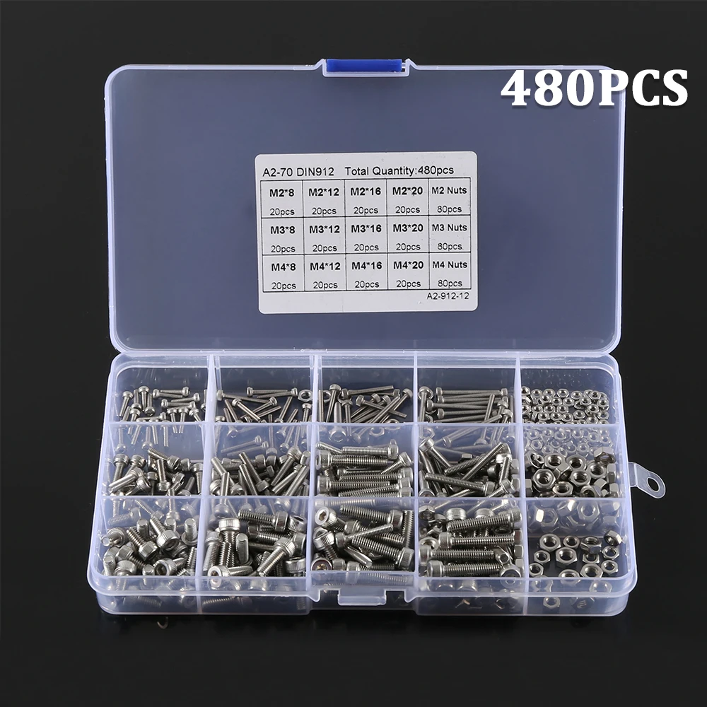 

480pcs M2 M3 M4 304 Stainless Steel Hex Socket Head Cap Screws Nut Set Kit with Box