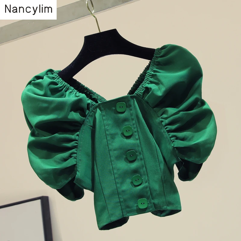 

New Fashionable Single-breasted Short Shirt Womens Summer Green Blouse All-match Slim Crop Top Pull Sleeve Tops Blouses Nancylim