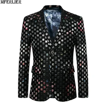 

MFERLIER men wedding suit jackets coat dance stage fashion suit coat v-neck slim fit plaid novel jackets plus size 5XL 6XL 48 50