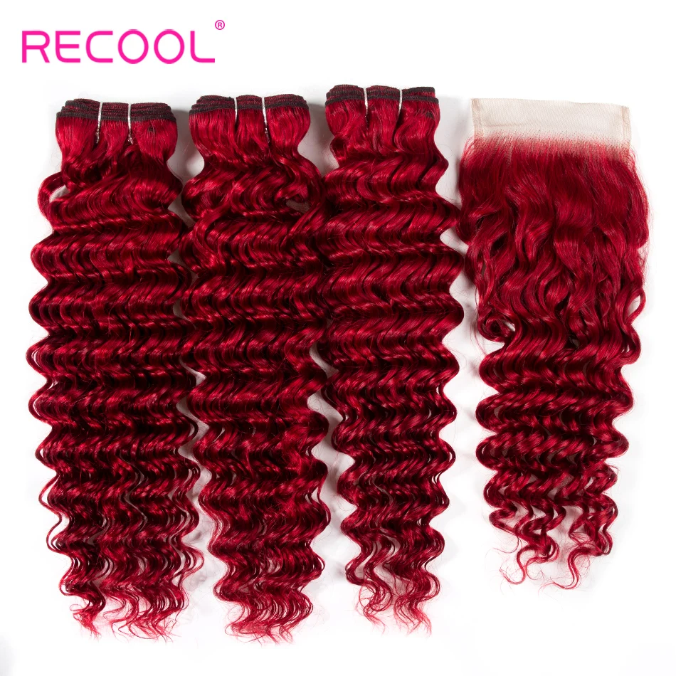 Recool Hair Red Deep Bundles With Closure Brazilian Deep Wave Human Hair Weave Bundles With Closure Remy No Tangle