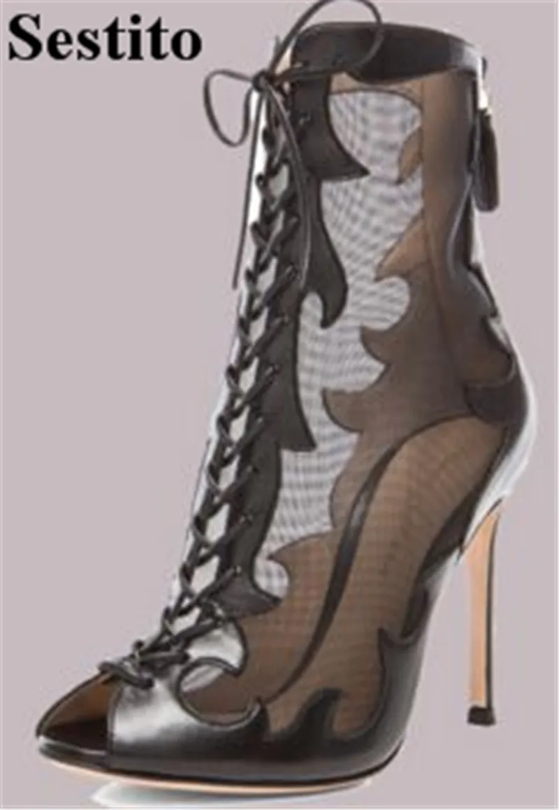 

Sexy Black Hollow Mesh Patchwork Cross-tied Short Boots Peep Toe Super High Thin Heels Ankle Boots For Women Zip New Women Shoes
