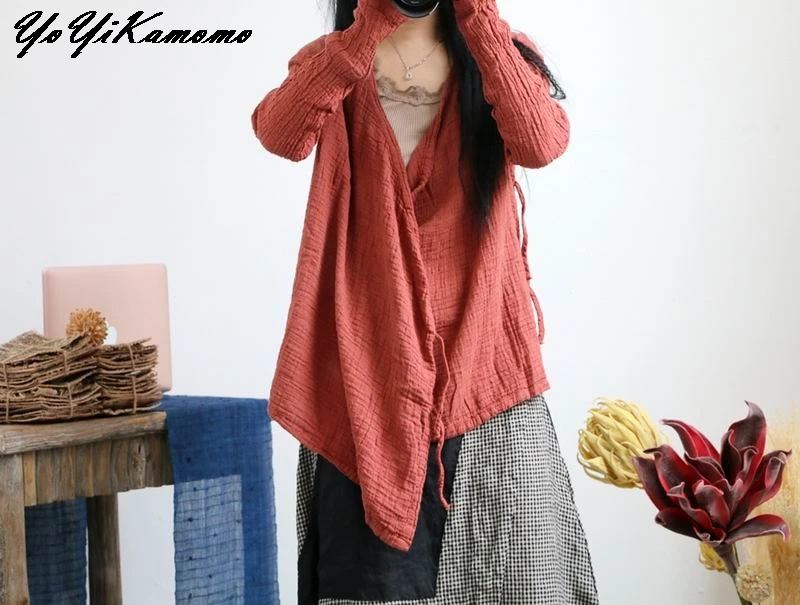 

YoYiKamomo 2018 Women Cotton Linen Blouse Big Size V-neck Loose Cardigan Sunscreen Irregular Shirt Casual Women Tops