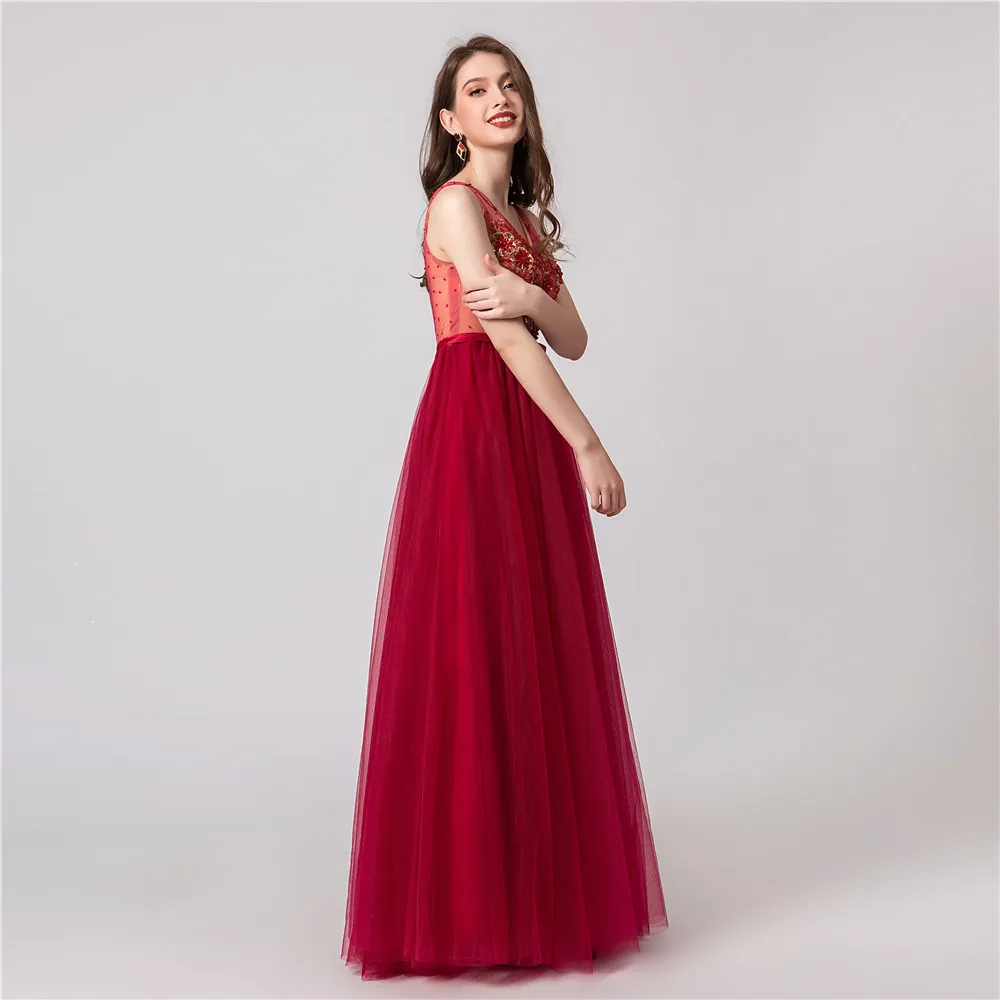 

Noble V-neck Evening Dress 2019 Sexy Crystal Beading Split Tulle Prom Dress Floor-Length Evening Dress Vestido Longo Festa