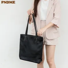 PNDME модная винтажная мягкая женская сумка из натуральной кожи, простая повседневная Высококачественная сумка из воловьей кожи, черная женская сумочка