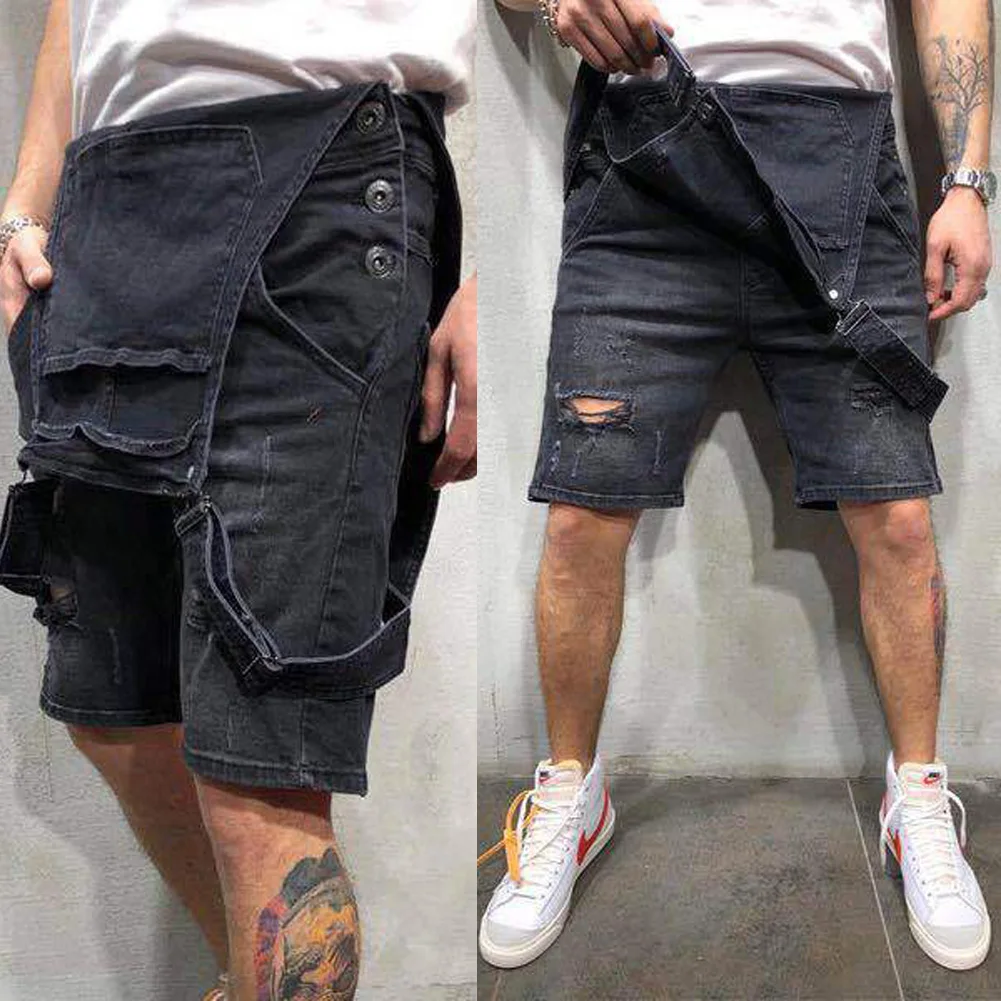 Men Pencil Pants Ripped Bib Jumpsuit Suspender Overalls Male Solid Summer Pants Overall