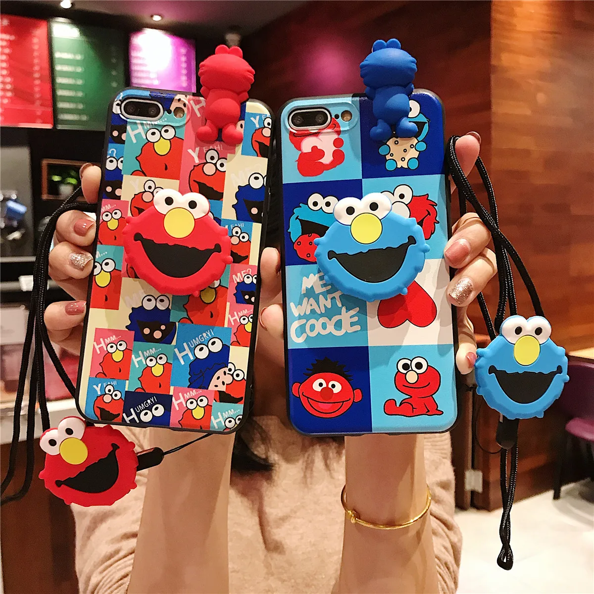 

For iPhone 11 Pro Xs Max Xs XR 6 7 8Plus Case ELMO TPU Case Soft Phone Strap Rope Case