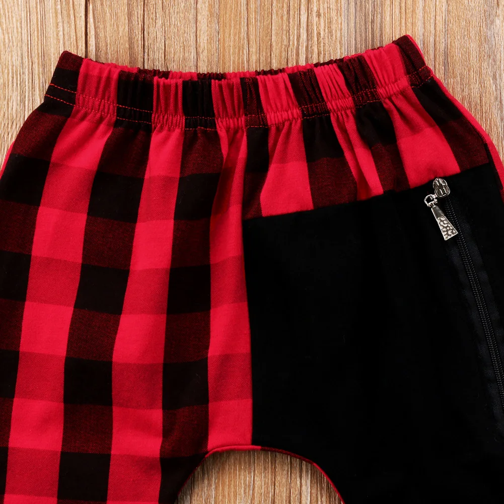 Модная одежда в английском стиле для маленьких мальчиков, в красно-черную клетку, на молнии, штаны в стиле пэчворк, штаны-шаровары, штаны для От 1 до 6 лет