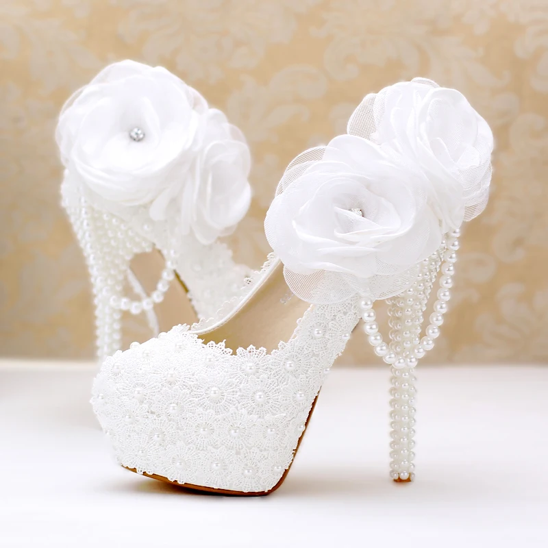 Zapatos de boda para mujer, tacones altos blancos, plataforma de 14 cm,  cadena de perlas, bombas nupciales, flores de encaje, zapatos sexis de  fiesta para mujer, calzado para mujer|Zapatos de tacón de