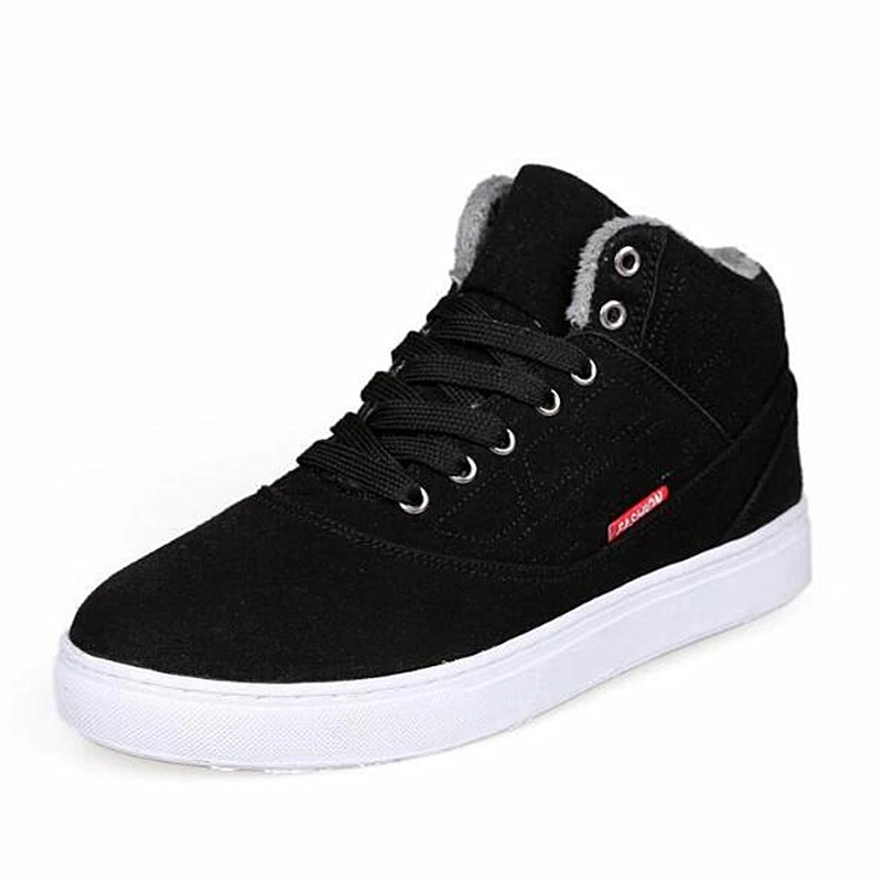 Winter Men Skateboarding Shoes Men Velvet Warm Middle Cut Solid Color Lacing Sneakers Students Winter Warm Shoes