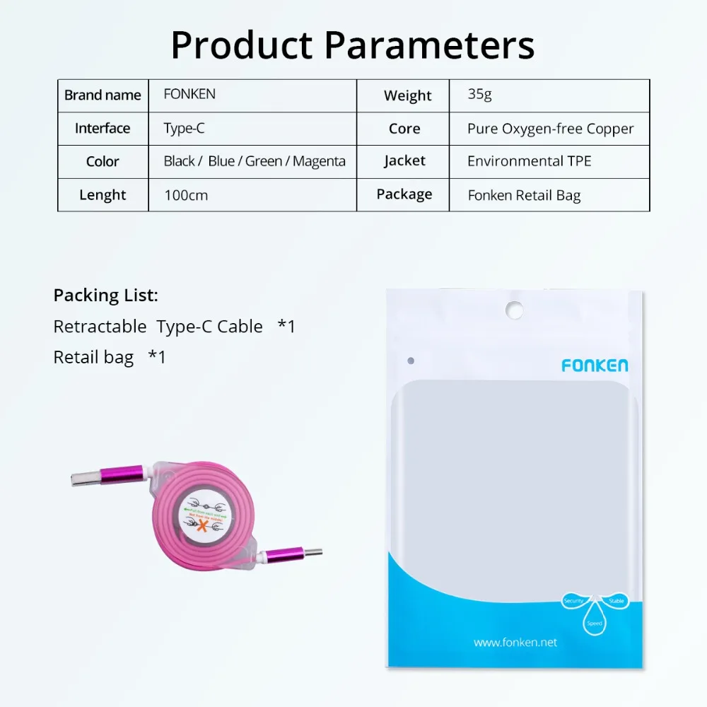 Кабель FONKEN usb type C 1 М телескопический USB C телефонный кабель type-C быстрое зарядное устройство Шнур для хранения быстрая зарядка кабели для мобильных данных