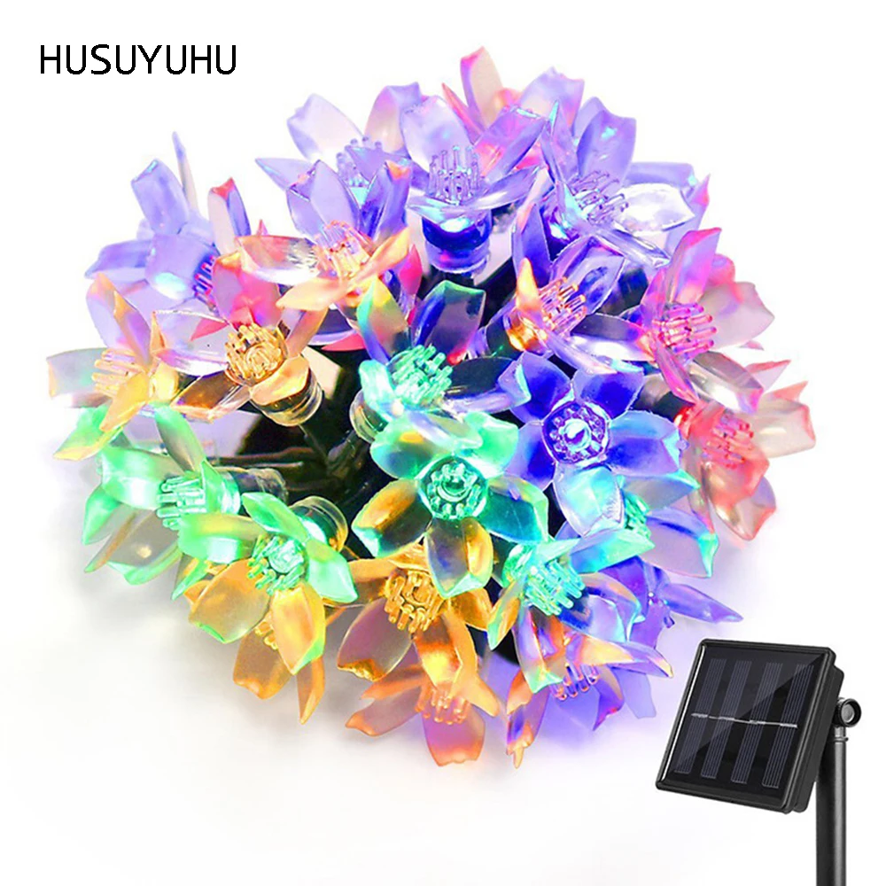 HUSUYUHU 50 LEDS Solar String Flowers Fairy Christmas Tree Light Party Wedding Peach Blossom Patio Outdoor Garland Led Lamp | Освещение