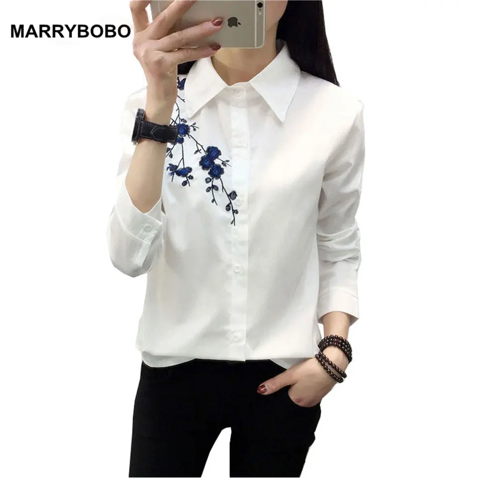 

New Autumn 2018 Women Embrodiery Chiffon Blouse Shirts Long Sleeve Silm White Shirt Turn Down Collar Ladies Tops Office Blouse