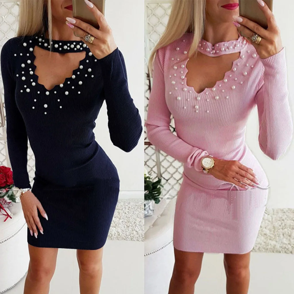 

New Women Pink Dress Long Sleeve Femme Robe Sexy Skinny Pearl Party Dress Elegant Choker Neck Package Hip Bodycon Dresses