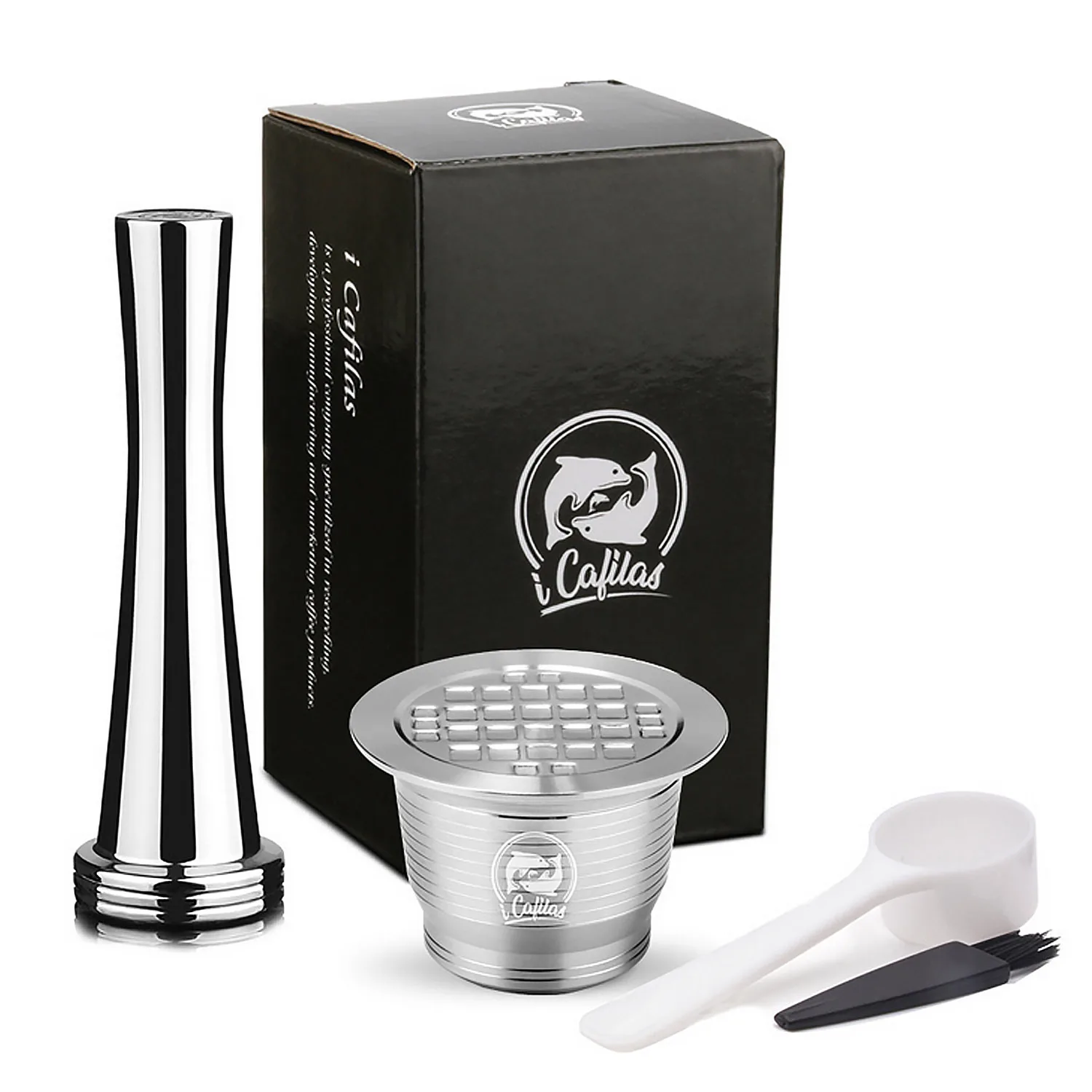 Behogar Refillable Reusable Stainless Square-hole Capsule Cup Filter Tamper Set with Spoon Brush for Nespresso Coffee Machine