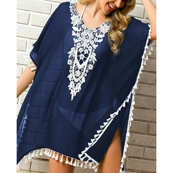 

Women Vintage Boho Floral Mini Dress Tassel Bat Sleeve Mesh Bikini Swimsuit Cover Up Holiday Beachwear Sundress Summer Clothing