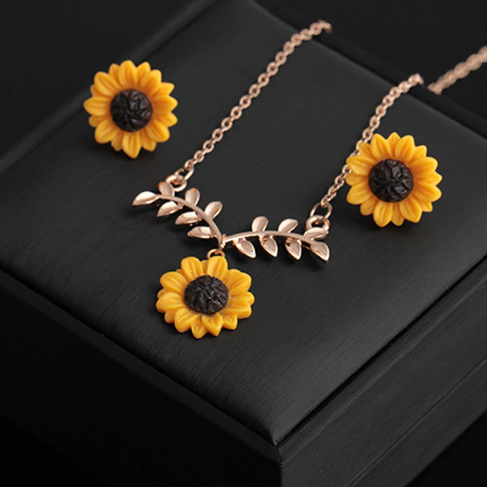 Women's Sunflower Necklace Gold Alloy Pendant Stud Earrings Necklace