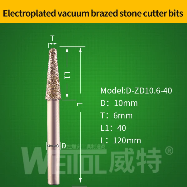 Weitol 1 шт. 12 мм вакуумной пайки камень резак биты конус инструменты для гравировки с ЧПУ Фрезерный резак мрамор фрезы - Длина режущей кромки: D-ZD10.6-40