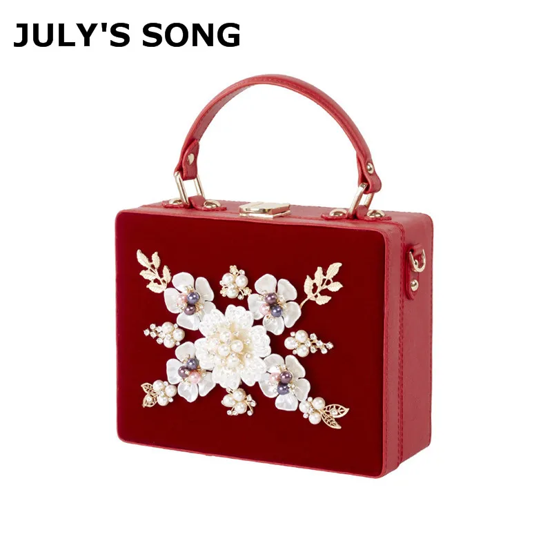 

Women Luxury Evening Bags Wedding Party Pearl Flower Bride Handbag Crossbody Velour Hard Box Clutch Crystal Diamond Chain Bag