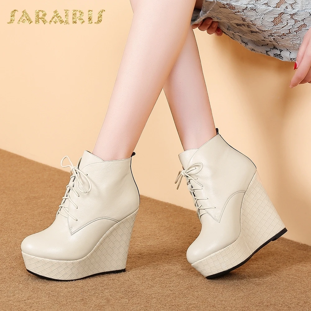 SARAIRIS 2018 Genuine Leather Fashion Sexy Women Boots Woman Shoes Ankle Boots Lace Up Wedge High Heels Shoes Woman цена SARAIRIS 2018 Genuine Leather Fashion Sexy Women Boots Woman Shoes Ankle Boots Lace Up Wedge High Heels Shoes Woman цены онлайн