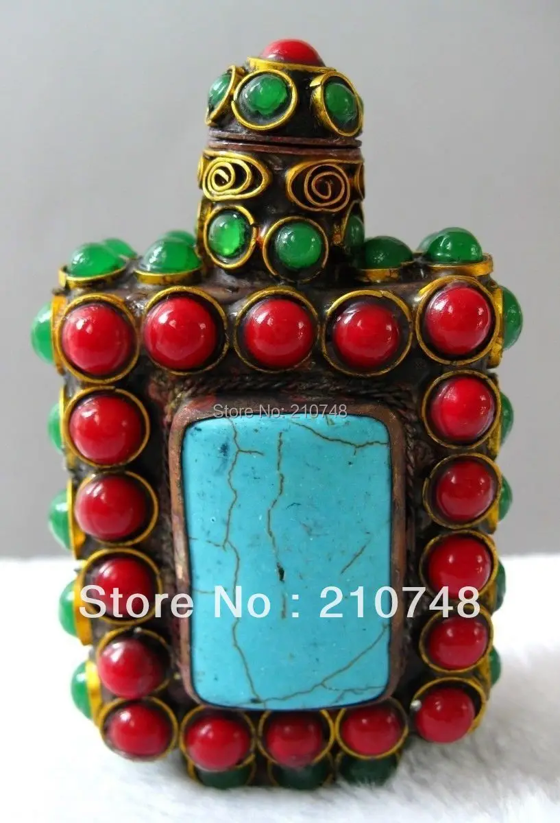 

China Collectible Decorate Old Tibet Silver Inlay Turquoise Snuff Bottle StoneCrafts