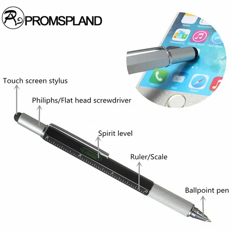 

PROMSPLAND 1PC Pocket 6 in 1 Multi Function Pen with Touch Screen Ruler Level Multi Head Mini Screwdriver Promotion Stationery