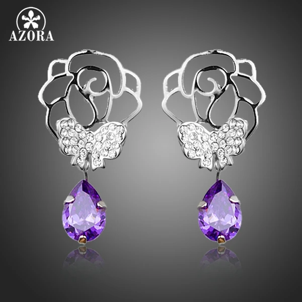 

AZORA Stellux Austrian Crystal Buttlefly On Flower With Purple Waterdrop Cubic Zirconia Drop Earrings TE0252