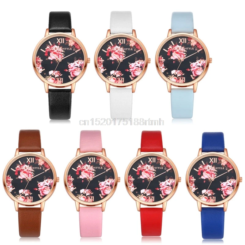 

Fashion Women Watch Pure Colors Watchband Floral Faux Leather Band Analog Quartz Dial WristWatches