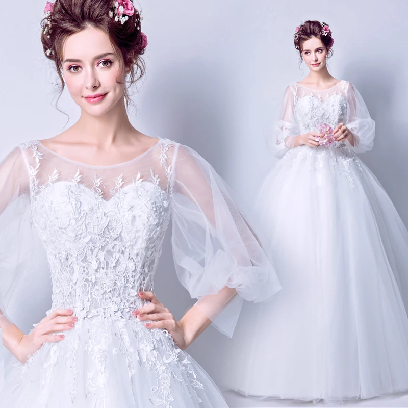 

New Arrival Elegant Illusion Skinny Exquisite Flowers Long Puff Sleeves Ball Gown Wedding Dress 134