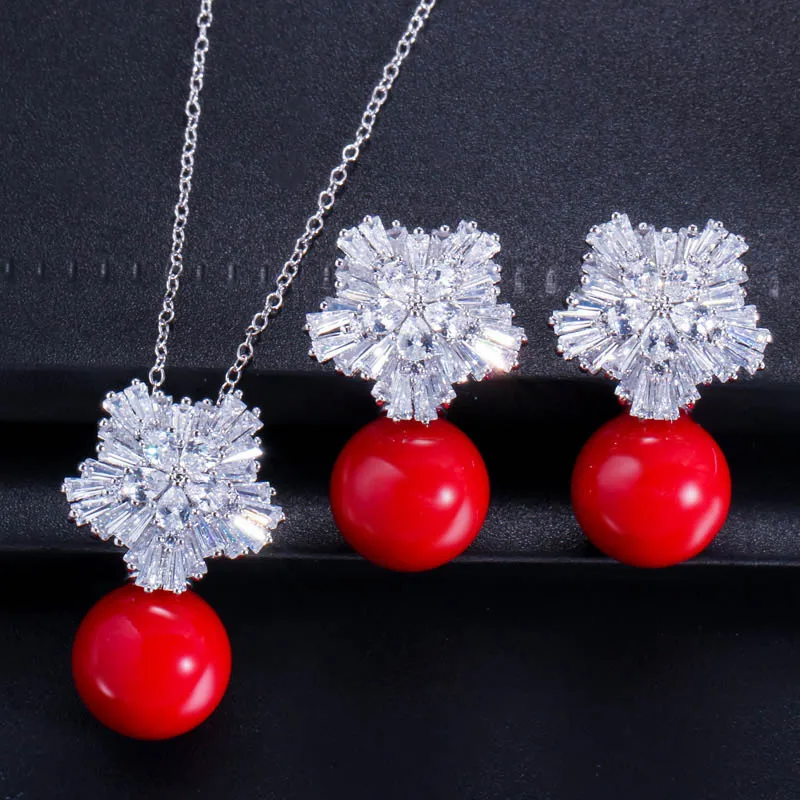 CWWZircons высокое качество серебристый цвет ААА+ кубический цирконий цветок для женщин Большой жемчуг ожерелье кулон и серьги Ювелирные наборы T049 - Окраска металла: Red