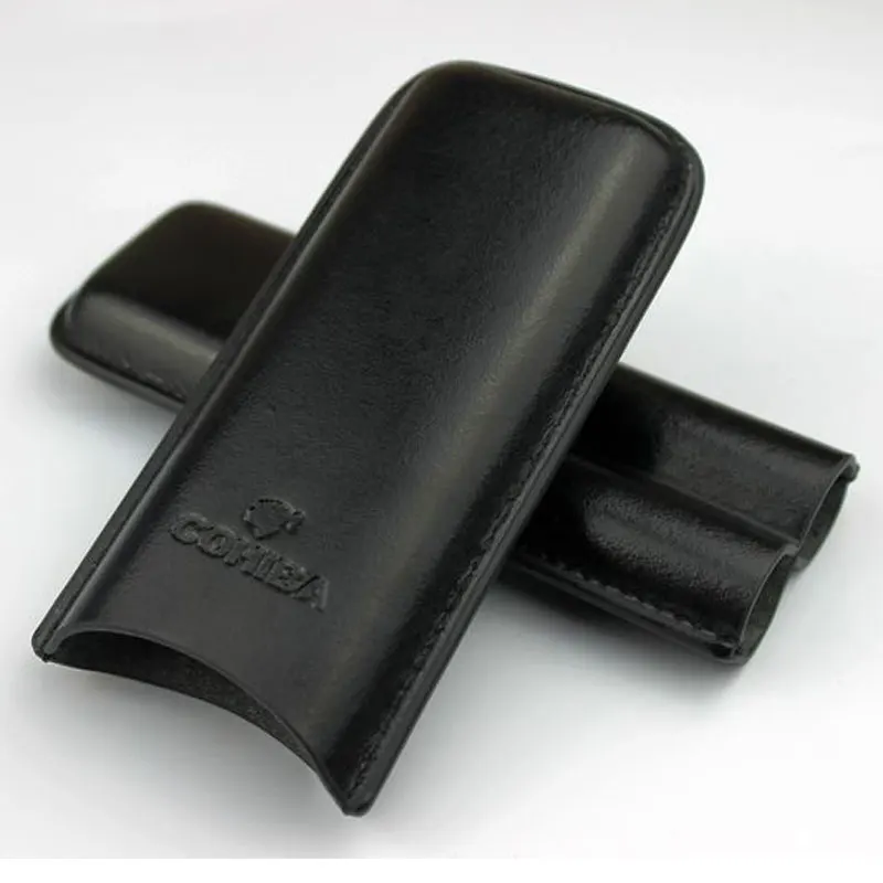 Black Leather 2 Cigar travel carrying Case smoking pipe Humidor box bag