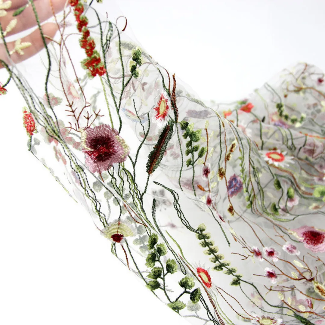 JX-LCLYL 135cm*100cm White Floral Flower Embroidery Mesh Wedding Bridal Dress Lace Fabric