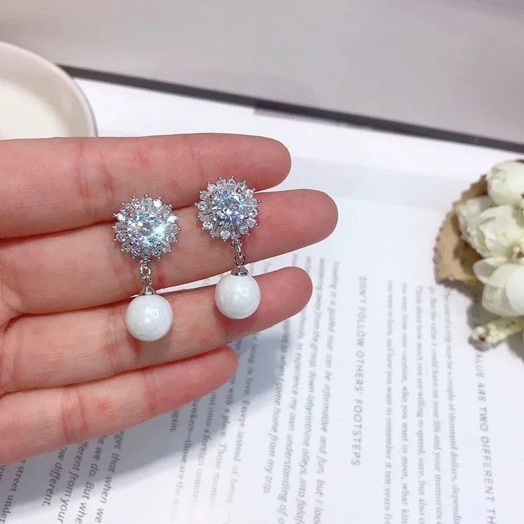 pearl cz flower earring 925 silver post Hypoallergenic fadeless fashion jewelry stud earrings for women girl Christmas gift