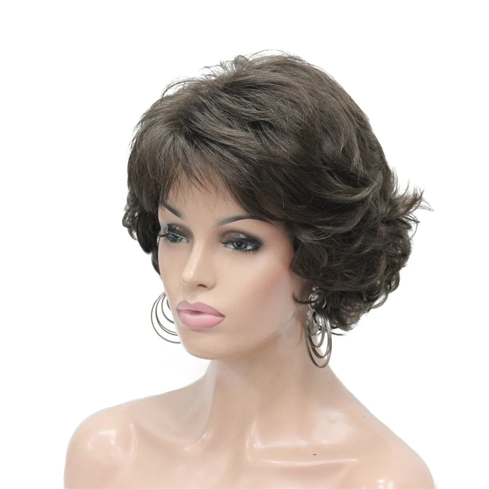 E-7125 #8 New Wavy Curly wig Medium Brown cloor 8# Short Synthetic Hair Full Women's wigs (2)