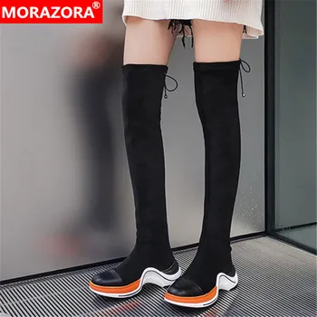 

MORAZORA 2020 hot sale Stretch boots genuine leather women over the knee boots mixed color fashion long boots woman casual shoes