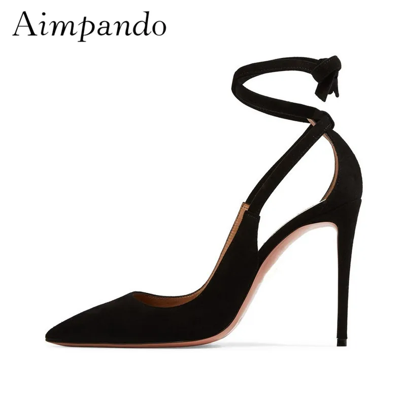 

Sexy Ankle Wrap Gladiator Sandals Women Stiletto Heel Point Toes Shallow Cut Out Suede Summer Sandalias Mujer