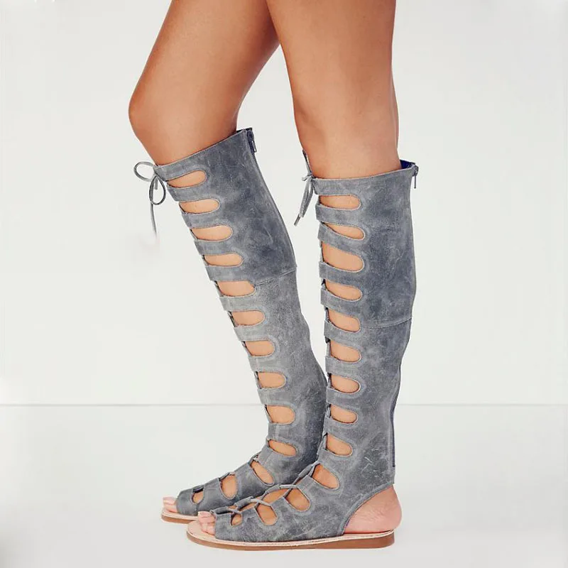 

Roman Retro Bohemia Crossover Hollow out Puttee Lace up Knee High Sandals Boots Summer Suede Flats Slingback Beach Long Botas