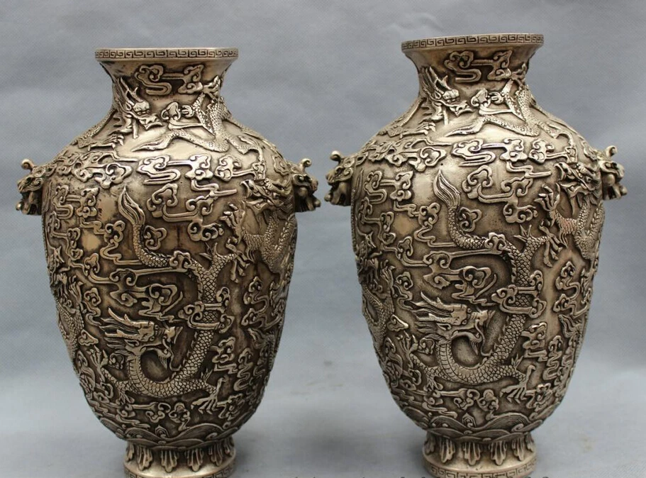 

Collectible bronze S1394 9" Tibet Silver Buddhism Folk Fly 9 Dragon Head Statue Marked Pot Vase Pair