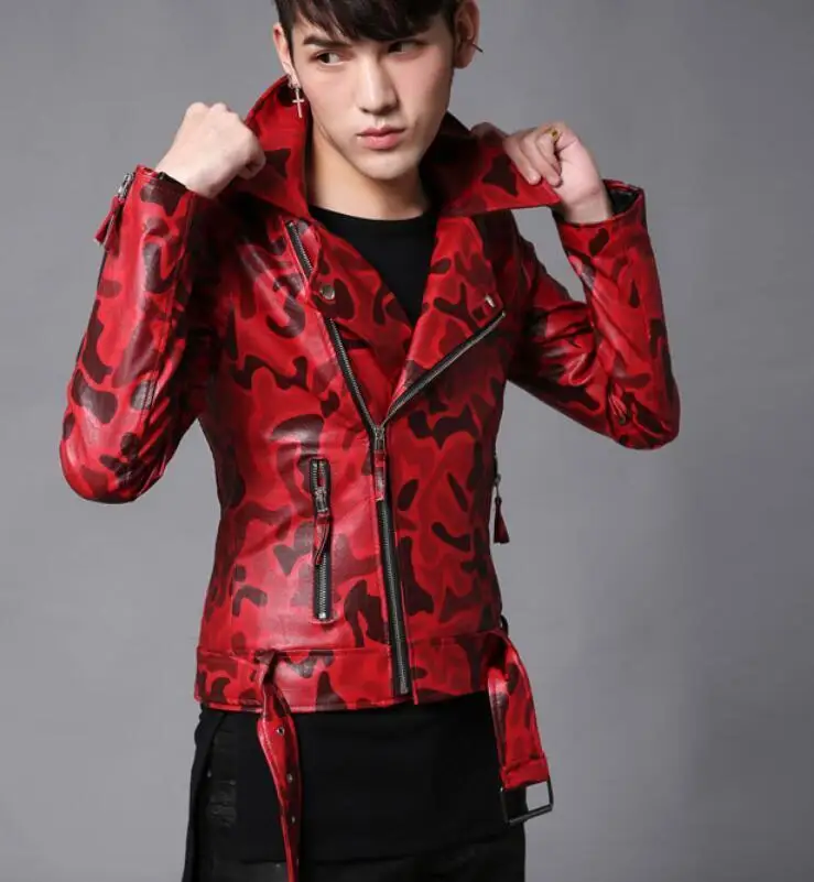 Mens Camouflage PU Leather Slim Short Jacket Motorcycle Biker Coat street slim fit plus size 