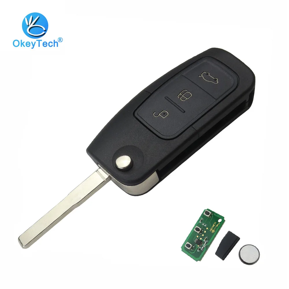 

OkeyTech 3 Button Flip Folding HU101 Uncut Blade Remote Key 433Mhz 4D63 80 Carbon Bits Chip for Ford S C D-Max Focus Mondeo KA