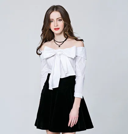 2017 summer design high quality Women blouse shirt slash neck off shoulder long sleeve bow shirts ladies white office work shirt