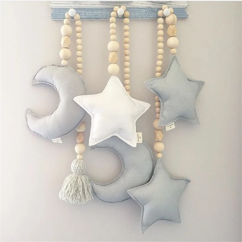 Oreiller décoratif pour bébé | Étoiles de lune nordique, cordes de perles en bois pour jouets, chambre de lit, berceau, décor de tente, ornements, accessoires pour photographie