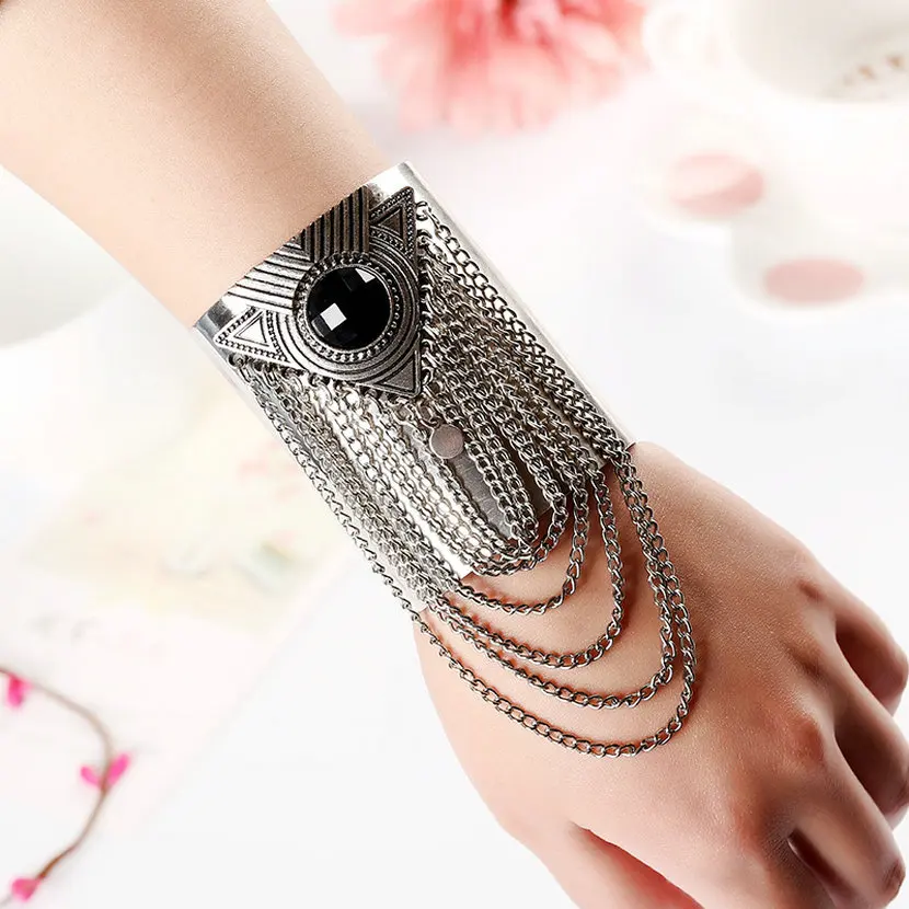 

Punk Black Crystal Tassel Pulseiras Feminina Big Silver Cuff Bracelets & Bangles for women Maxi Pulseras Femme Bijoux Jewelry