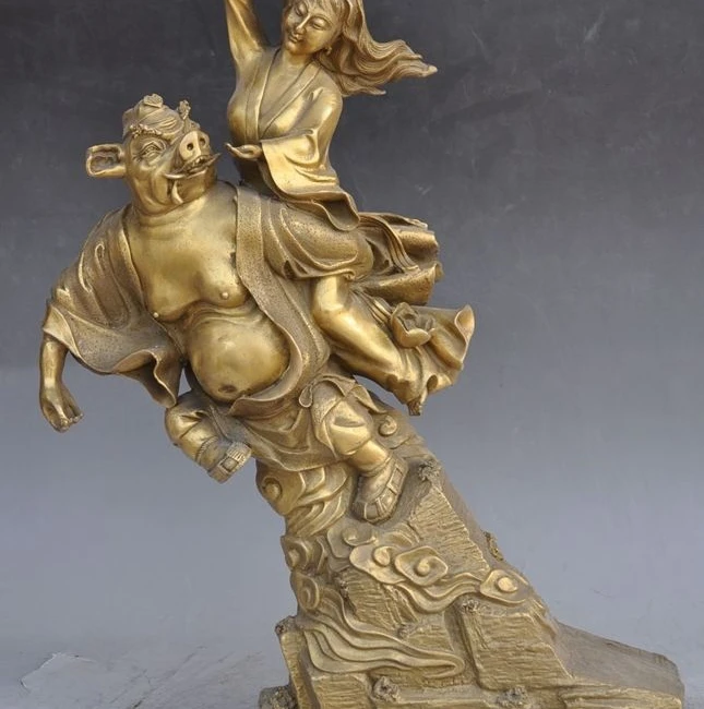 18" chinese Famous myth brass wealth zhu bajie god pig Wife Belle lucky