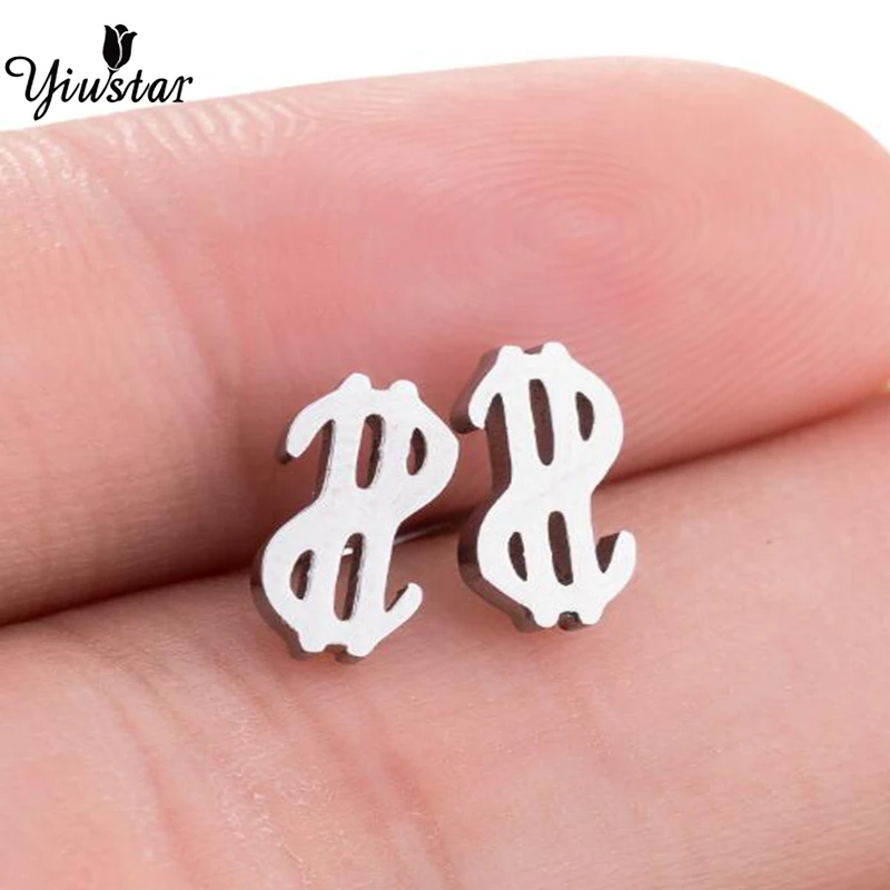 Yiustar Unique Alphabet Stainless Steel Stud Earrings Dollars Shape Money Ear Earing Women Men Jewelry Personalized Party Gifts