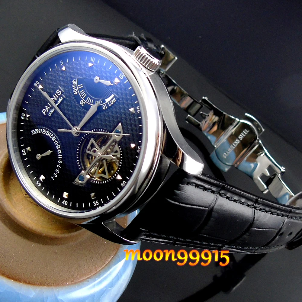 Parnis Luxury Black dial Power Reserve Chronometer 43mm mens font b Watch b font