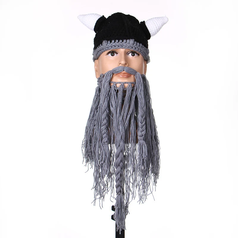  Bearded Horns Hand-knitted Hat Men Funny Gag Halloween Cap Winter Warm Handmade Barbarian Viking Beanie Beard Horn Caps CP0170  (2)