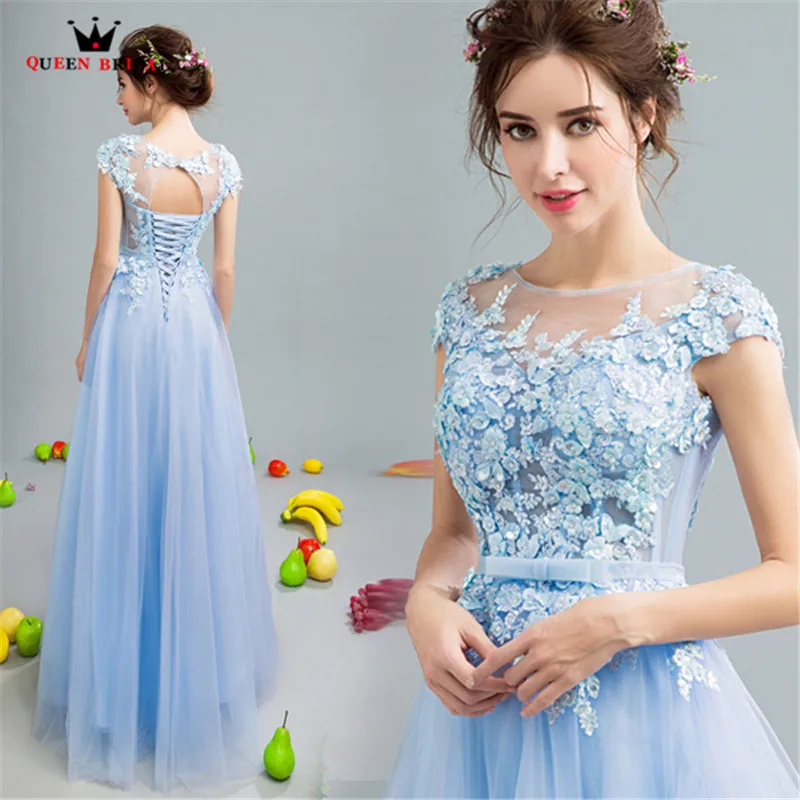 

QUEEN BRIDAL Evening Dresses A-line Tulle Lace Flowers Elegant Blue Long Party Dress Evening Gown 2018 Vestido De Festa JW16