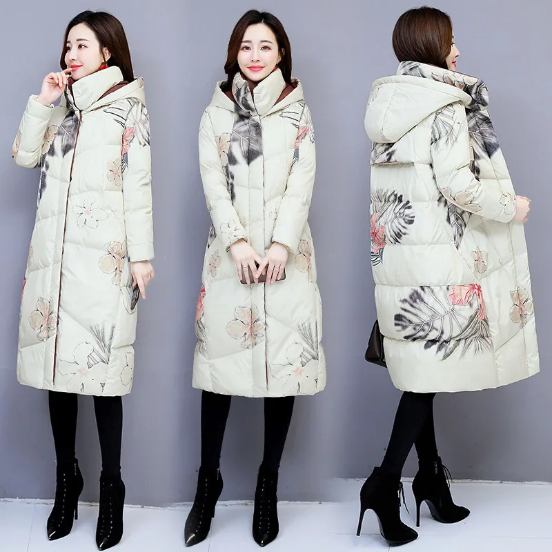 Winter Long Jacket Coat Women Parkas Thicken Warm Vintage Print Down Cotton Jacket Large Size Hooded Outerwear Female Basic Coat - Цвет: off white